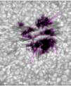 Autor: Marta Garcia Rivas - Momentka z vývoje skvrny v oblasti NOAA 11024, zachycená 9. července 2009 8.40:52 světového času. Vlevo nahoře je snímek v pásmu G v optické oblasti spektra, vpravo nahoře pak rychlost plazmatu směrem k pozorovateli. V dolní řadě je pak zobrazena celková magnetická indukce (vlevo) a sklon pole (vpravo). Fialovou linií je naznačena hranice umbry a současně jsou vlevo nahoře zvýrazněny obdélníky tři oblasti, které byly studovány detailně a v nichž byly hledány charakteristické změny před vznikem penumbry.